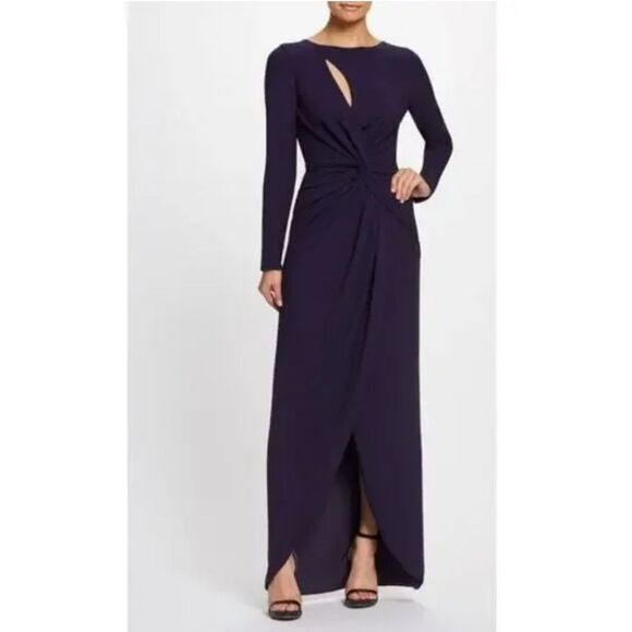 NWT Dress the Population Naomi Long Sleeve Twist Crepe Gown Sz XXS Boysenberry - Picture 1 of 15